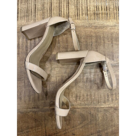 Stuart Weitzman Patent Leather Block-Heel Nudistcurve Sandals Beige Size 7M - Picture 3 of 11